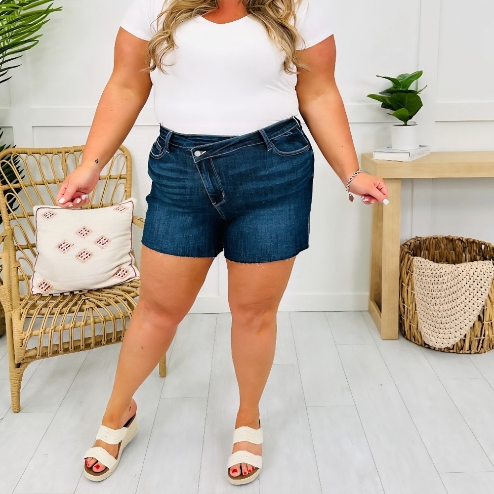 Judy Blue High Rise Dark Wash Criss Cross Crossover Waistband Shorts Various NEW - Picture 7 of 16
